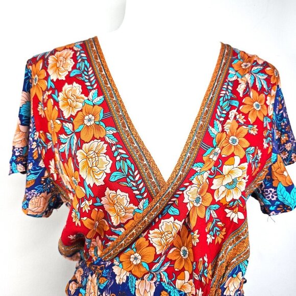 NWT PrettyGarden Blue Red Floral Wrap Boho Gypsy Maxi Dress - Picture 7 of 13